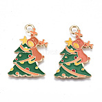 Eco-Friendly Alloy Enamel Pendants, Cadmium Free & Lead Free & Nickel Free, Christmas Reindeer/Stag, Light Gold, Green, 32.5x22x1mm, Hole: 3mm(ENAM-Q437-061-NR)