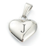 304 Stainless Steel Pendants, Heart with Black Letter, Stainless Steel Color, Letter.J, 16x16x4.5mm, Hole: 7x3mm(STAS-P278-01J-P)