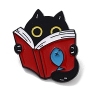 Bookish Cat Shape Alloy Enamel Pin Brooches, for Backpack Clothes, Red, 30.5x28.5x1.4mm(JEWB-C029-04A-EB)
