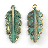Zinc Alloy Leaf Pendants, Cadmium Free & Lead Free, Antique Bronze & Green Patina, 45x16x3.5mm, Hole: 2.5mm(PALLOY-R065-024-LF)