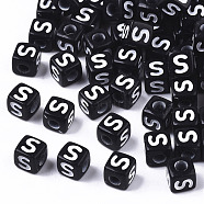 Opaque Acrylic Beads, Horizontal Hole, Alphabet Style, Cube, Black & White, Letter.S, 5x5x5mm, Hole: 2mm, about 5000pcs/500g(SACR-N002-01S)