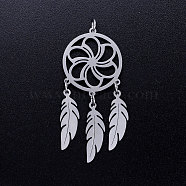 201 Stainless Steel Pendants, with Jump Rings, Woven Net/Web with Feather, Stainless Steel Color, 46x20x1mm, Hole: 3mm, Ring: 5x0.8mm(STAS-S105-JN351-1)