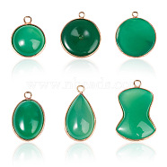 Mega Pet 6Pcs 6 Style Natural Green Oynx Agate Pendants, with Golden Brass Edge, Dyed, Oval & Teardrop & Flat Round & Disc, 25~35x16~31x4~7mm, Hole: 2mm, 1pc/style(G-MP0001-02)