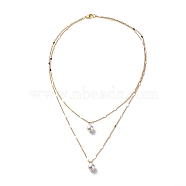 Brass Link Chain Double Layer Necklaces, Round Shell Pearl Pendant Necklaces for Women, Golden, 16.14 inch(41cm)(NJEW-JN03993)