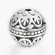 Tibetan Style Alloy Beads, Hollow Round with Flower, Antique Silver, 14mm, Hole: 2mm(PALLOY-YC45851-AS)