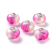 Two Tone Resin European Beads, Rondelle Large Hole Beads, with Platinum Tone Alloy Double Cores, Deep Pink, 14x9mm, Hole: 5mm(RESI-M001-02D)