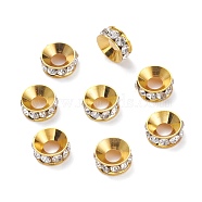 Brass Rhinestone Spacer Beads, Rondelle, White, Golden Color, about 8mm in diameter, 3mm thick, hole: 4mm(RSB093-1G)