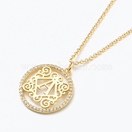Brass Micro Pave Clear Cubic Zirconia Pendant Necklaces, Flat Round with Letter, Real 18K Gold Plated, Letter.A, 16.14~17.20 inch(41~43.7cm)(NJEW-J059-01A)