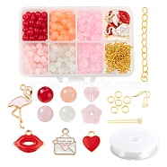 DIY Jewelry Set Making Kits for Valentine's Day, Including Round & Heart & Flowers & Imitation Jade Glass Beads, Alloy Pendants, Iron Earring Hooks & Jump Rings & End Chains, Brass Eye Pin and Elastic Thread, Mixed Color, Beads: 340pcs/box(DIY-LS0001-85)