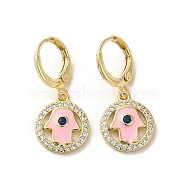 Hamsa Hand Real 18K Gold Plated Brass Dangle Leverback Earrings, with Enamel and Cubic Zirconia, Pink, 27x12mm(EJEW-Q797-10G-01)