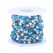 Glass Butterfly & ABS Plastic Pearl Beaded Chains, with Stainless Steel Color Plated 316 Stainless Steel Paperclip Chains, Soldered, Faceted, with Spool, Deep Sky Blue, 6x8x4.5mm, about 16.40 Feet(5m)/Roll(CHS-N003-02-09)