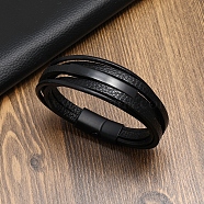 Leather Multi-strand Bracelet, with Stainless Steel Magnetic Clasp, Black, 8-1/4~8-5/8 inch(21~22cm)(PW-WG71096-01)