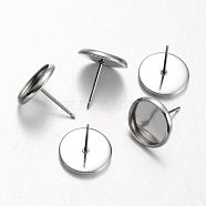 Flat Round 304 Stainless Steel Stud Earring Settings, Stainless Steel Color, Tray: 10mm, 12mm, Pin: 0.7mm(STAS-M227-10mm)