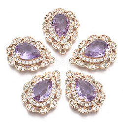 Brass Micro Pave Cubic Zirconia Pendants, with Faceted Glass, Long-Lasting Plated, Light Gold, Teardrop, Violet, 23x17x7mm, Hole: 1.4mm(X-KK-R111-005-A04)