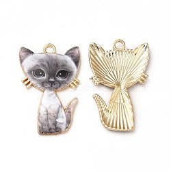 Alloy Enamel Pendants, Cadmium Free & Nickel Free & Lead Free, Golden, Cat Charms, Gray, 30x19.5x2.5mm, Hole: 2.2mm(ENAM-M046-10G-E)