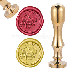 DIY Scrapbook, Brass Wax Seal Stamp and Handle Sets, Moon & Buildings Pattern, Golden, 87x20mm, Stamp: 2.55cm(AJEW-CP0001-01D)