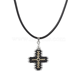 Glass Seed Cross Pendant Necklaces, with Nylon Cords, Black, 19.49 inch(49.5cm)(NJEW-MZ00025-04)