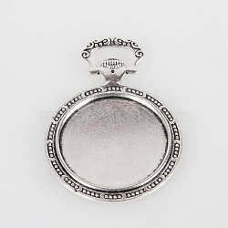 Vintage Tibetan Style Alloy Carved Floral Pattern Pendant Cabochon Bezel Settings, Cadmium Free & Lead Free, Antique Silver, Flat Round Tray: 35mm, 64x45x3mm, Hole: 5x15mm, about 50pcs/kg(TIBEP-O006-21AS)