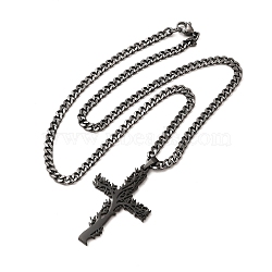 304 Stainless Steel Cross with Tree of Life Pendant Necklaces, Curb Chain Necklace with Lobster Clasps, Gunmetal, 17-3/4 inch(45cm)(NJEW-M197-03B)