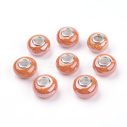 Handmade Porcelain European Beads for Jewelry Making, with Silver Color Brass Double Cores, Rondelle, Orange Red, 15x11mm, Hole: 5mm(X-OPDL-G001-2)
