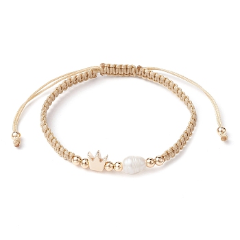Brass & Natural Pearl Braided Bead Bracelets, Adjustable Bracelet, Crown, Inner Diameter: 1-3/4~3-1/2 inch(4.6~8.8cm)