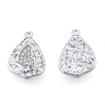 Brass Micro Pave Clear Cubic Zirconia Charms, Cadmium Free & Nickel Free & Lead Free, Textured, Teardrop with Butterfly, Real Platinum Plated, 14.5x10x2mm, Hole: 1.2mm