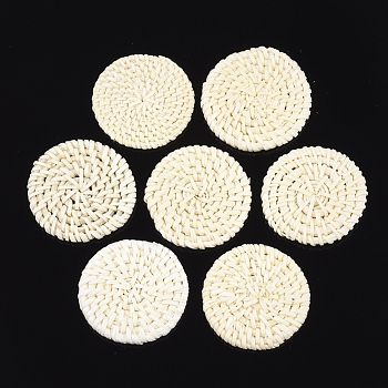 Handmade Reed Cane/Rattan Woven Beads, For Making Straw Earrings and Necklaces, No Hole/Undrilled, Bleach, Flat Round, Beige, 38~50x4~6mm
