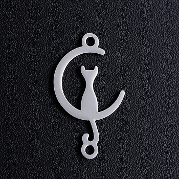 201 Stainless Steel Kitten Links connectors, Crescent Moon with Cat Shape, Stainless Steel Color, 19x11x1mm, Hole: 1.2mm
