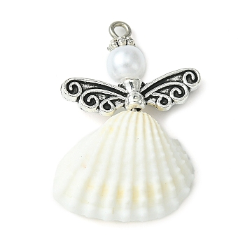 Spiral Shell Angel Pendants, Angel Charms with Alloy Wing, Antique Silver, 33x21.5x9mm, Hole: 1.8mm