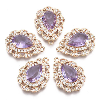 Brass Micro Pave Cubic Zirconia Pendants, with Faceted Glass, Long-Lasting Plated, Light Gold, Teardrop, Violet, 23x17x7mm, Hole: 1.4mm