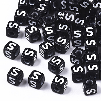 Opaque Acrylic Beads, Horizontal Hole, Alphabet Style, Cube, Black & White, Letter.S, 5x5x5mm, Hole: 2mm, about 5000pcs/500g