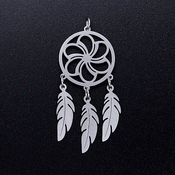 201 Stainless Steel Pendants, with Jump Rings, Woven Net/Web with Feather, Stainless Steel Color, 46x20x1mm, Hole: 3mm, Ring: 5x0.8mm
