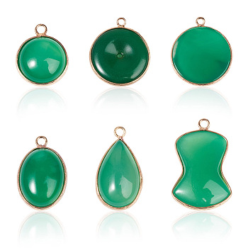 Mega Pet 6Pcs 6 Style Natural Green Oynx Agate Pendants, with Golden Brass Edge, Dyed, Oval & Teardrop & Flat Round & Disc, 25~35x16~31x4~7mm, Hole: 2mm, 1pc/style