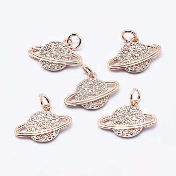 Brass Micro Pave Cubic Zirconia Pendants, Cadmium Free & Nickel Free & Lead Free, Earth, Rose Gold, 12x16.5x2mm, Hole: 3mm