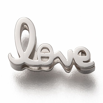 304 Stainless Steel Slide Charms, for Valentine's Day, Word Love, Stainless Steel Color, 12.5x7x3.5mm, Hole: 8x1.5mm