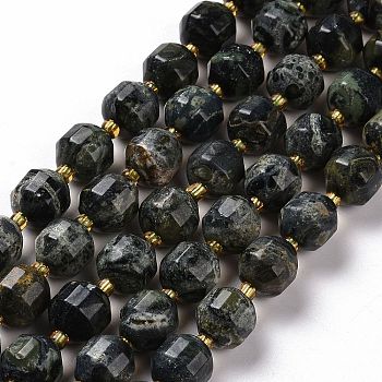 Natural Kambaba Jasper Beads Strands, with Seed Beads, Faceted Bicone Barrel Drum, 9~10mm, Hole: 1.2mm, about 29~32pcs/strand, 14.45~14.84 inch(36.7~37.7cm)