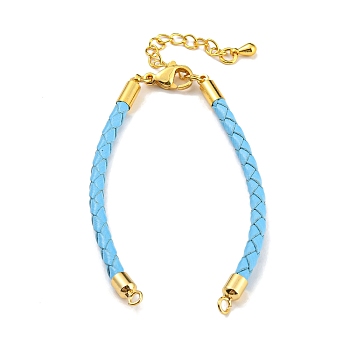 Leather Braided Cord Link Bracelets, Fit for Connector Charms, with Long-Lasting Plated Rack Plating Colden Tone Brass Lobster Claw Clasp & Chain Extender, Light Sky Blue, 6x1/8 inch(15.2cm), Hole: 2mm