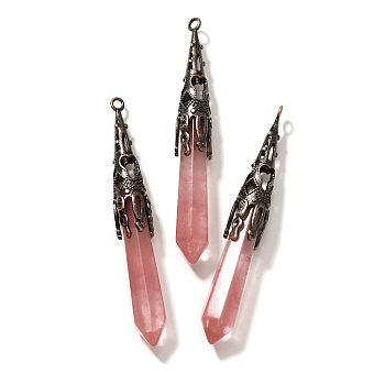 Cherry Quartz Glass Pointed Big Pendants, Faceted Bullet Charms with Brass Findings, Red Copper, Cadmium Free & Lead Free, 77~84x12mm, Hole: 2.5mm