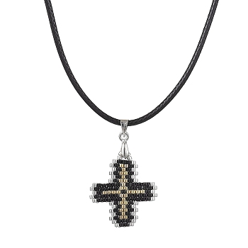 Glass Seed Cross Pendant Necklaces, with Nylon Cords, Black, 19.49 inch(49.5cm)