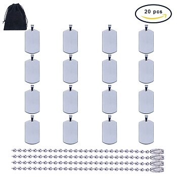 20PCS 304 Stainless Steel Ball Chain Necklace, 20PCS 304 Stainless Steel Blank Stamping Tag Pendants, Stainless Steel Color, 23.6 inch(60cm)