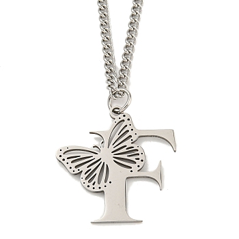 201 Stainless Steel Necklaces, Letter F, 23.74 inch(60.3cm) p: 30x29.5x1.3mm
