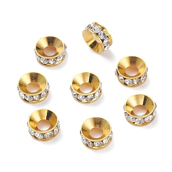 Brass Rhinestone Spacer Beads, Rondelle, White, Golden Color, about 8mm in diameter, 3mm thick, hole: 4mm