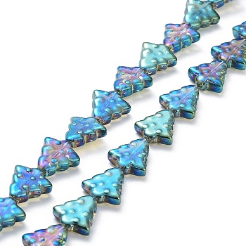 Transparent Electroplate Glass Bead Strands, Rainbow Plated, Christmas Trees, Dark Cyan, 15.5~16x14.5~15x4.5~5mm, Hole: 1mm, about 40pcs/strand, 25.20~ 25.59(64~65cm)