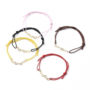 Adjustable Brass Heart Link Bracelets, with Chinese Waxed Cotton Cord, Golden, Mixed Color, Inner Diameter: 1-3/4~3-1/4 inch(4.5~8.3cm)