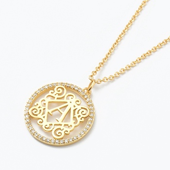 Brass Micro Pave Clear Cubic Zirconia Pendant Necklaces, Flat Round with Letter, Real 18K Gold Plated, Letter.A, 16.14~17.20 inch(41~43.7cm)