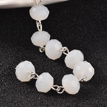 Imitation Jade Glass Rondelle Beads Chains for Necklaces Bracelets Making, with Silver Color Plated Brass Eye Pin, Unwelded, White, 39.3 inch, about 87pcs/strand