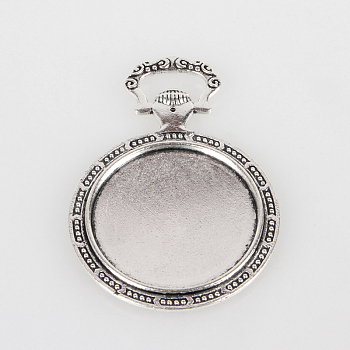 Vintage Tibetan Style Alloy Carved Floral Pattern Pendant Cabochon Bezel Settings, Cadmium Free & Lead Free, Antique Silver, Flat Round Tray: 35mm, 64x45x3mm, Hole: 5x15mm, about 50pcs/kg