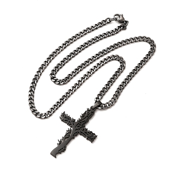 304 Stainless Steel Cross with Tree of Life Pendant Necklaces, Curb Chain Necklace with Lobster Clasps, Gunmetal, 17-3/4 inch(45cm)