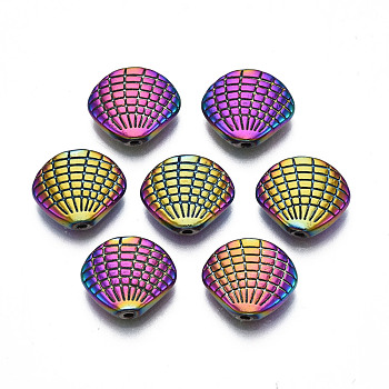 Rack Plating Rainbow Color Alloy Beads, Cadmium Free & Nickel Free & Lead Free, Shell Shape, 11x12.5x3mm, Hole: 1~1.2mm