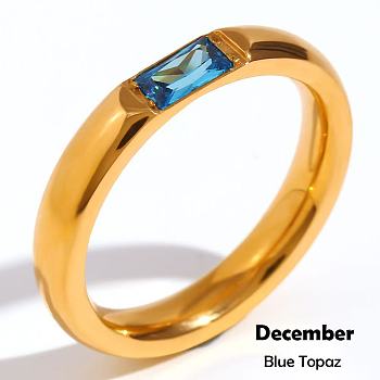 304 Stainless Steel Pave Cubic Zirconia Finger Rings, Golden, Deep Sky Blue, US Size 6(16.5mm)